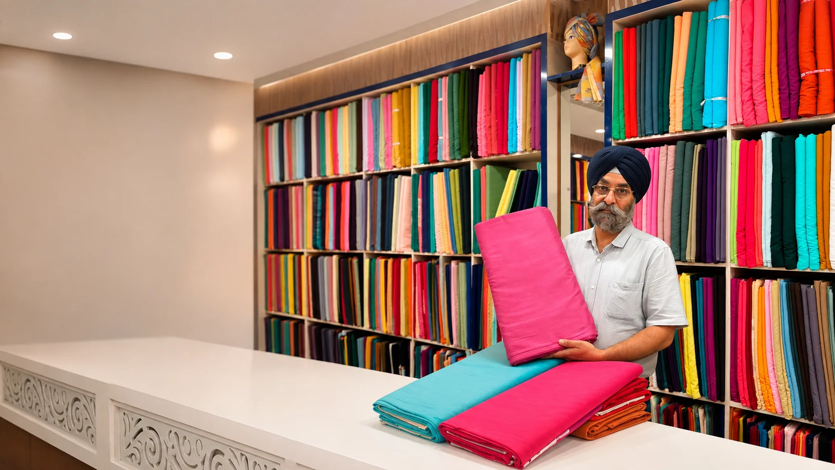 Owner of Sahney Pagri House presenting colourful turban fabrics inside the Hoshiarpur showroom